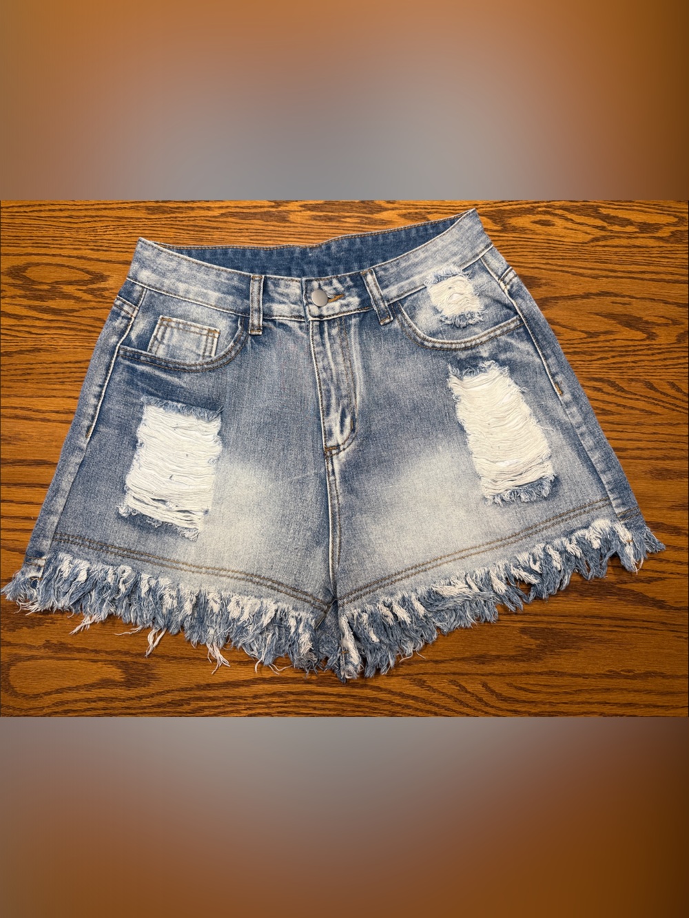 High-Rise Frayed Hem Distressed Denim Shorts - Blue
